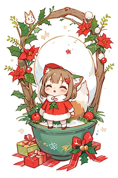   Sato Nakako style,    Cute Designs  ,  The most beautiful girl ever 、Chibi, (((Little foxes  )))、  christmas illustration， Christmas Winter Scenery ，Christmas food ，  poinsettia  、