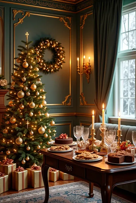 An elegant and luxurious Christmas scene set in a softly lit living room, with rich, opulent details. A beautifully adorned Christmas tree stands in the corner, decorated with golden ornaments, sparkling white lights, and a touch of deep green garlands. Be...