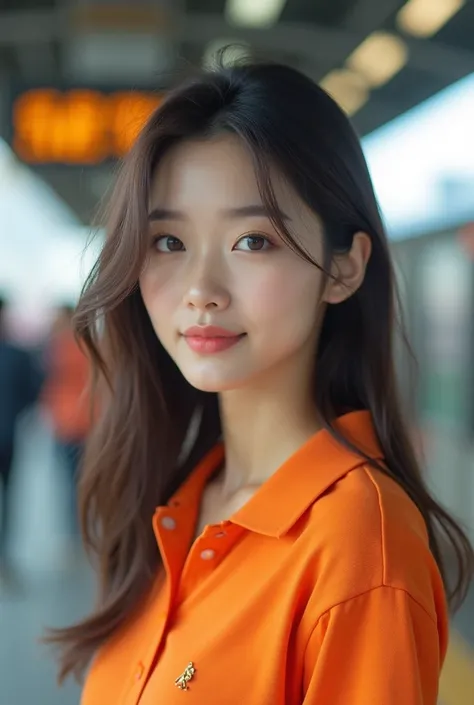  Realistic photo of (1 cute Korean actress )  flip hair , light makeup, Medium chest size,  orange polo, At the station,  Cannon EOSs Clear Facial Features, 16k,  high definition ,  sharp and realistic details,  Expose too much, Cut-in, 超 high definition ,...