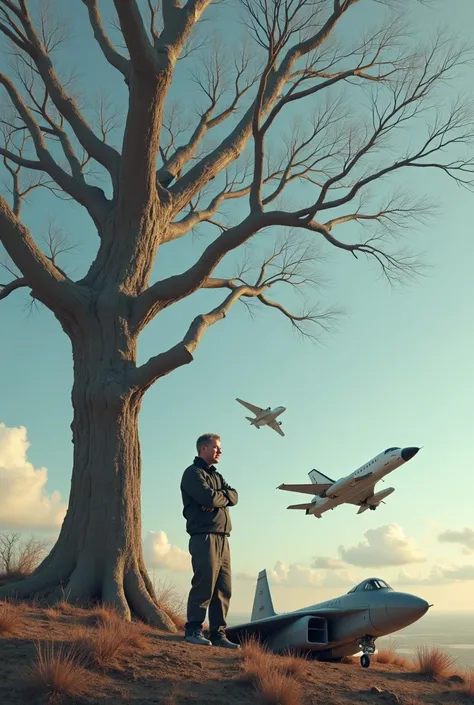 Aerospace Engineer is standing in deep thoughts under a big tree which is dried, the aeroplane and shuttle are in the sky and one fighter is crashed the wing is in his feet 