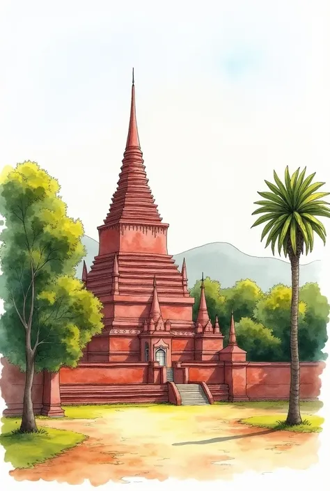 Create an image of 
"Watercolor painting of an ancient Buddhist temple in Bagan, Myanmar, with pink-coral colored pagoda, traditional Burmese architecture, surrounded by green trees and palm trees, bright daylight scene, loose artistic style with soft wash...