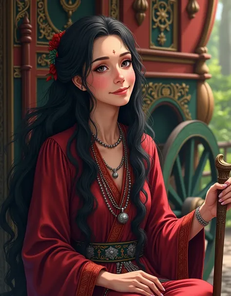 Anime of an elderly gypsy woman with long black hair beside a vibrant vardo wagon. She holds an ornate wooden cane, dressed in deep red velvet robes with silver trinkets. Warm smile, eyes closed. Soft, diffused natural light creates a serene mood. Shallow ...