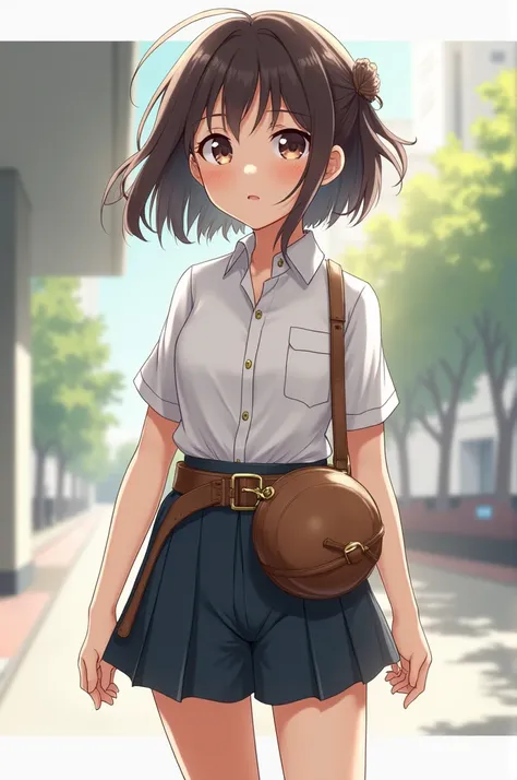 A girl in a school uniform， And wear shorts  ，There is a heavy belt on the shorts ， with a spherical bag on the waistband