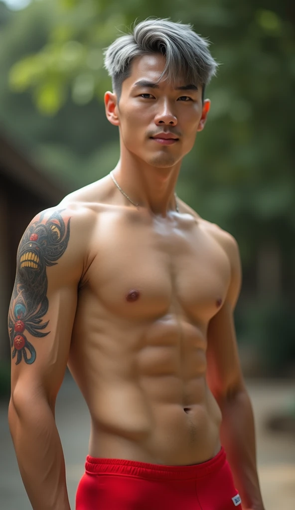 A smiling 28-year-old Korean man with a slight smile, grey hair with a black red tattoo on his arm, not wearing a shirt, showing off armpit hair, wearing red briefs., natural light มองที่ผู้ชม, 