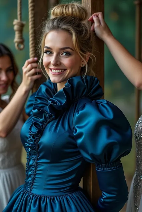 (realistic photograph close up sideways), (a pleased beautiful Caucasian woman with (messy hair bun), she is wearing (an elaborate shiny indigo silk gown with (long gigantic pouf sleeves), (and with an ultra high stand-up collar reaching up to her ears)++ ...