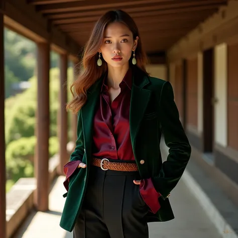 A sophisticated high-fashion editorial set in a traditional Japanese garden, featuring an Asian woman with chestnut-brown hair flowing freely over her shoulders. She wears a tailored forest-green velvet blazer over a wine-red silk blouse with a high neck a...