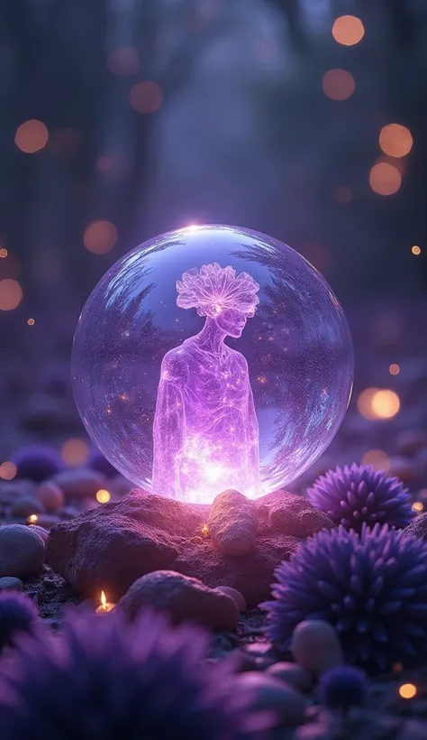 art photo, a mystical and captivating scene bathed in deep, enchanting colors, blending purples, blues, and golds to symbolize intuition, destiny, and fortune. At the center is a glowing crystal orb, radiating s
