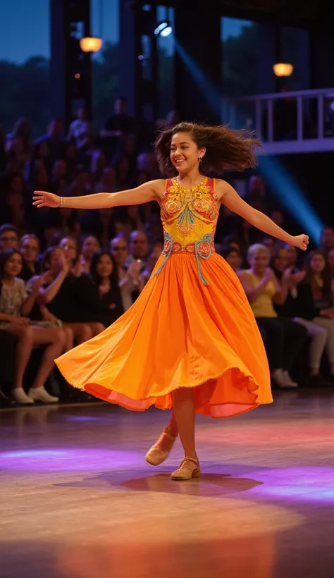 A graceful young woman in a vibrant orange and yellow dress twirls across the stage of Got Talent, her radiant smile and energetic moves captivating the audience.