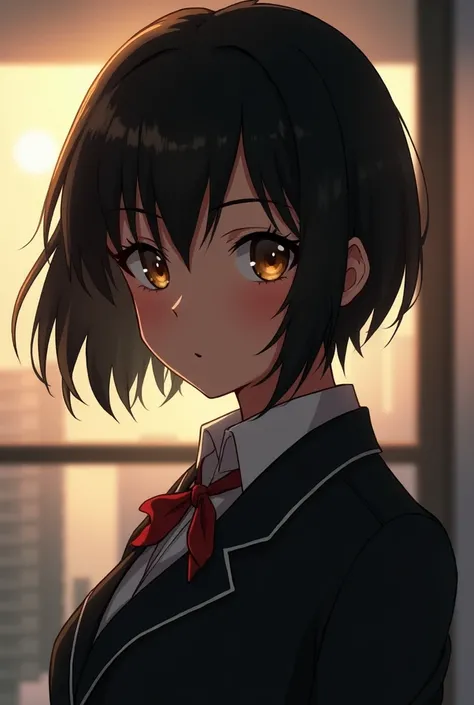 (Human) () (Girl) (Hair: Very Short) (Hair Color: Black) (Eye Color: Warm, Deep Brown) (Clothing Style: School) (Clothing Color: Black) (Physical: slim and mature) (Skin Tone: Warm, Deep Black) (Facial Expression: Playful, Dominant) (Front Plan) (Art Style...