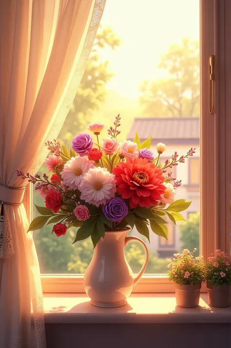 flowers in a vase on the windowsill of the sun of prices 