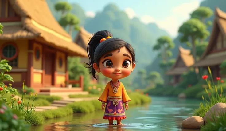 Introduction of Meghla in Manipur Village:
A vibrant 3D cartoon-style depiction of a sweet Bengali girl named Meghla in a serene village. The scene shows traditional thatched-roof houses, lush green surroundings, and a calm river nearby. Meghla, dressed in...