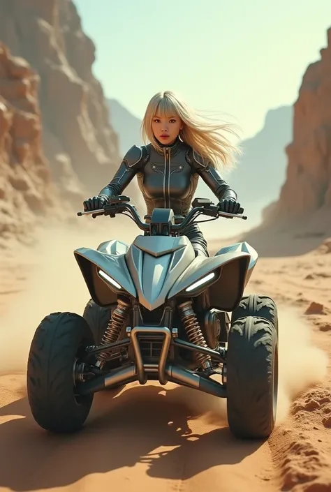 Grey-eyed blonde Asian woman with bangs on an ATV in the desert, cinematografía,  photorealistic, film, Futurism, Hyperrealism, 