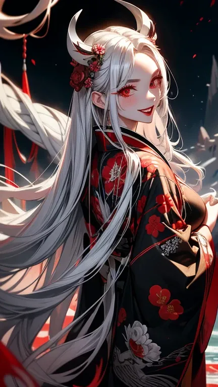  long silver hair as sharp as a needle 　 Glowing golden eyes 　 very white skin 　 very dark red lipstick　  show your teeth and laugh　 black kimono with a peony pattern  　  red blood flowing through a rocky mountain  　 Countless rolling skulls  　  20 meters ...