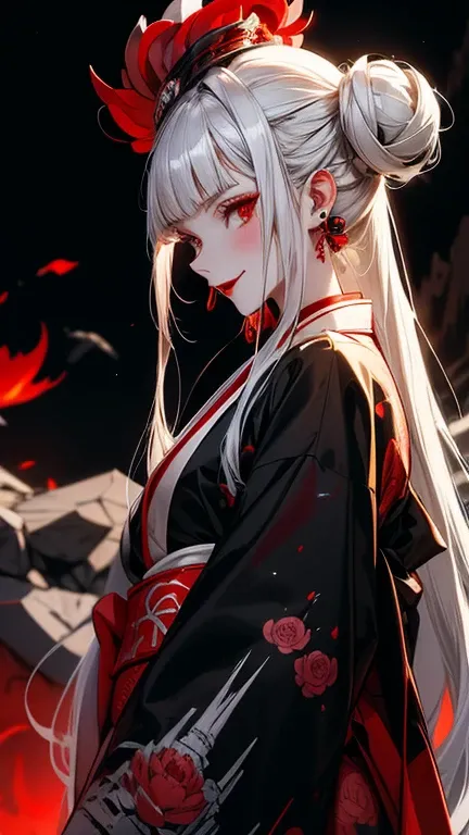  long silver hair as sharp as a needle 　 Glowing golden eyes 　 very white skin 　 very dark red lipstick　  show your teeth and laugh　 black kimono with a peony pattern  　  red blood flowing through a rocky mountain  　 Countless rolling skulls  　  20 meters ...