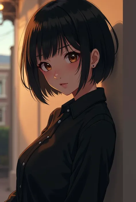 (Human) () (Girl) (Hair: Very Short) (Hair Color: Black) (Eye Color: Warm, Deep Brown) (Clothing Style: School) (Clothing Color: Black) (Physical: slim and mature) (Skin Tone: Warm, Deep Black) (Facial Expression: Playful, Dominant) (Front Plan) (Art Style...