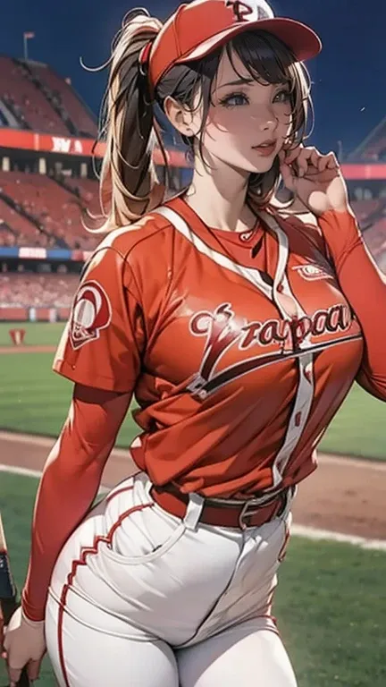 A very beautiful woman wearing a Hiroshima Carp uniform,Hit at Giants Stadium 、 bat