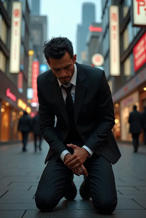 Ginza in tokyo，handsome and sexy Italian man. Black suit，black tie，Black leather shoes，Black socks。mans crotch testicles hurt a lot，Kneeling on the ground， holding their crotch testicles with two hands，grab the crotch testicles with both hands。