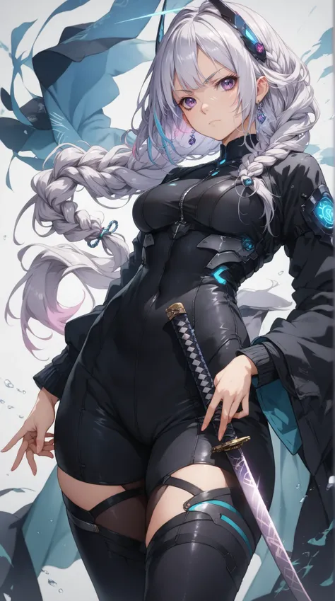 Front straight eye-level faraway shot of a serious anime girl with long, braided white hair and intense violet eyes, dressed in a sleek dark silver and black suit featuring angular armor plating with glowing violet highlights. She stands with one hand conf...