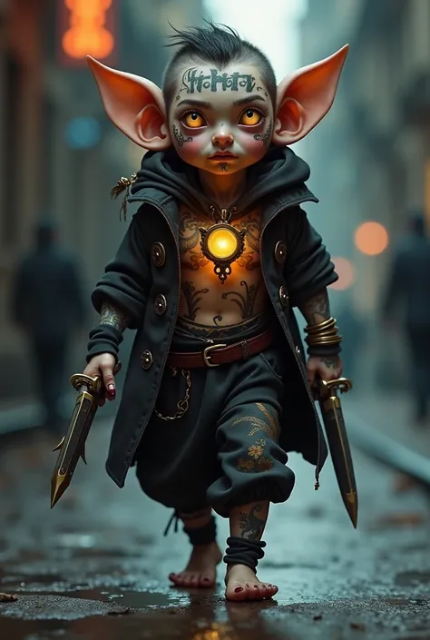 A small, light-footed halfling , adulte 40 ans, humanoïde, Criminal clothing , highly tattooed, beaucoup de tatouages.  Il a un arc court et 2 dagues. He has a very luminous monocle en pendentif autour du cou