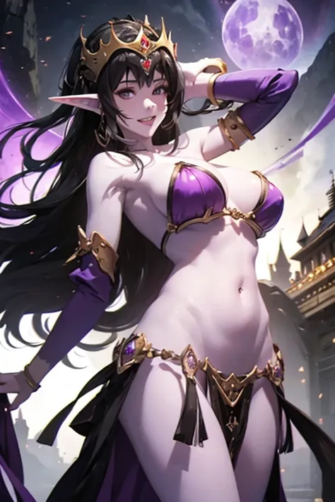 masterpiece,Best Quality,1 Girl,Solo,Black Hair,Black Eyes,Long Hair,Purple Skin,Pointy Ears,Belly Button,Diaphragm,Neckline,Off-the-Shoulder,Bracelet,Bikini Armor,,Pelvic Curtain,Loincloth,Medium Breasts,Purple Lips,Elf,Crown, standing, POV, from below, d...