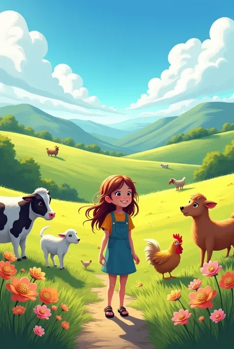 "A colorful and inspirational digital illustration depicting a  named Lucy standing at the edge of the farm, gazing out at the beautiful landscape. In the foreground, she is smiling with excitement, surrounded by friendly farm animals like cows, sheep, and...