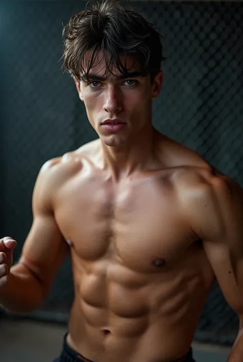 handsome 18 years naked muscled male, bare knuckle fighting in fighting cage, legs open, tight ass, hairless, no facial hair, messy wavy dark hair, blue eyes, thick lips, muscled model, defined muscles, ultra highest detailed face, handsome supermodel, you...