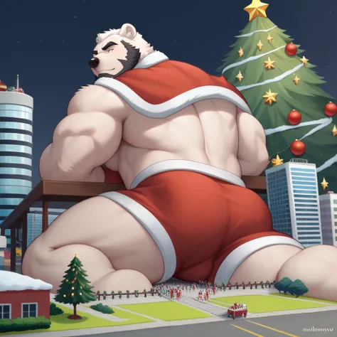 Scribble  Polar Bear face,Humanity(Polar Bear),(Santa Claus Clothes:1.3), chuppy, muscular , man, mature, fit,(Black eyebrows:1.1), white fur ，Black thick beard，（artist:Takemoto Arashi）， with both hands flat on the test bench ，teasing, looks serious, good-...