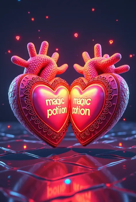 colorful, two hand-drawn, 3D, fiery, disco hearts as stickers with a bold border with the text magic potion