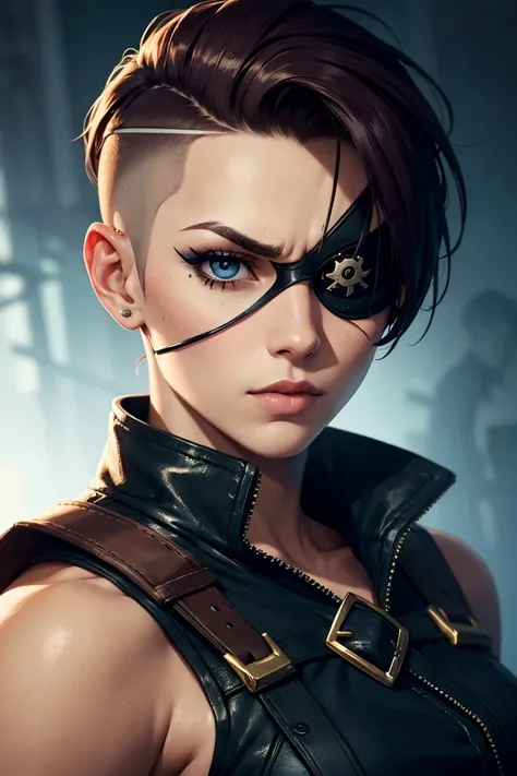 A tough looking woman with an undercut wearing an eye patch over their left eye