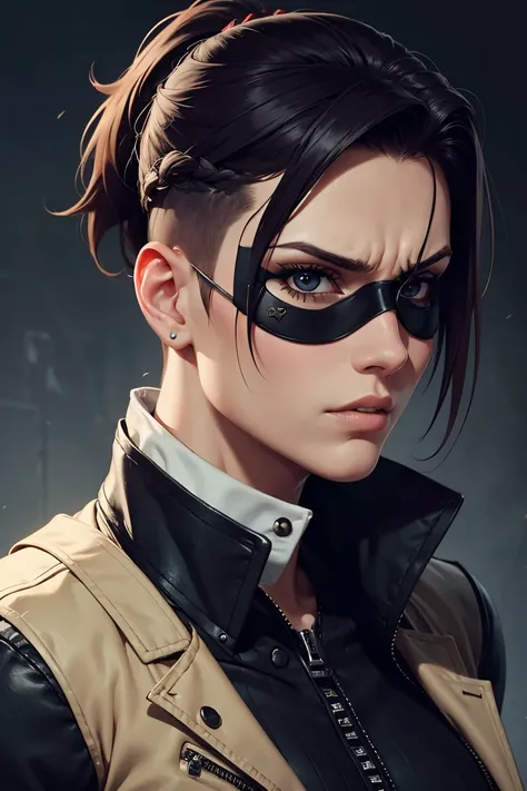 A tough looking woman with an undercut wearing an eye patch over their left eye