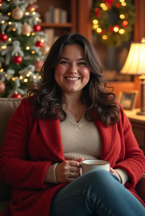 Chubby brunette sits near the Christmas tree