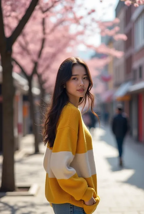  Long shot photography full body of a beautiful asian woman ,long haired,wearing a yellow and cream striped sweater , , standing on the right left street Lots of cherry blossom trees , visible buildings shops photos looking real super HD natural lighting r...