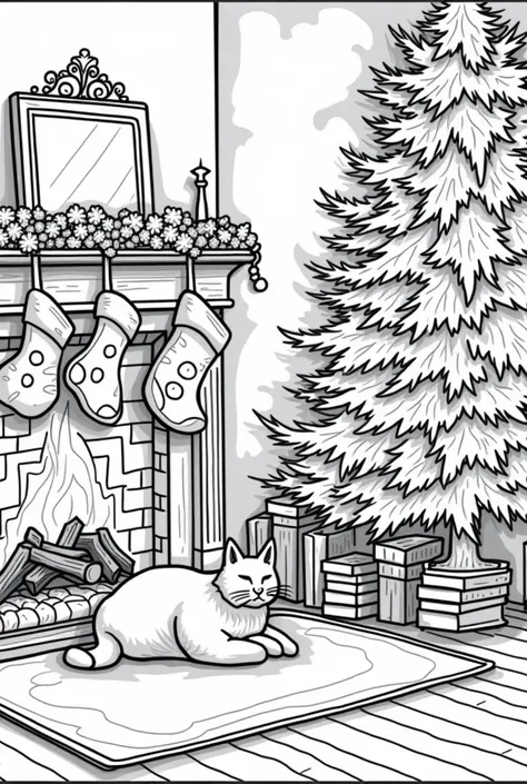 A cozy living room scene with stockings hung by the fireplace, a decorated tree, and a cat curled up near a pile of Christmas books. Colouring book page for s very prominent thick outlines detail line art clean line art Mandala background with border ar 17...