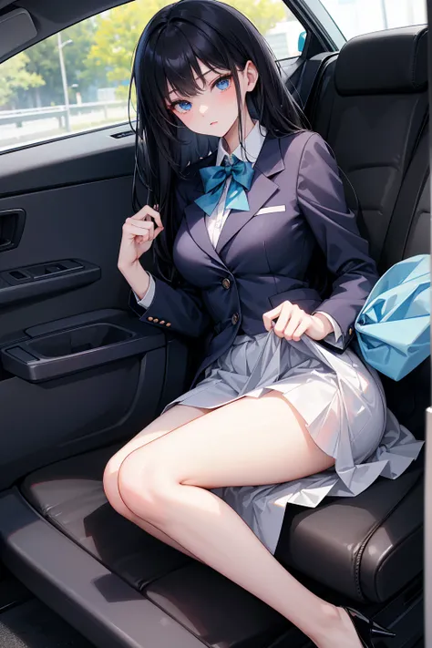 High school students ， already, Black Hair ， With warm blue eyes ， Wore a brand new blue suit and black heels ， Pure white collar and bright green bow 。 has long Black Hair and warm blue eyes ， Lean back in the car seat ， Pose Alluring , spread legs , lowe...