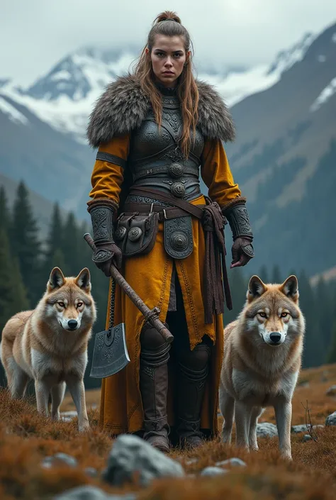 Glorious viking woman in dark yellow and brown armor with axe and wolves in Scandinavia 