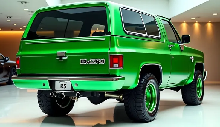 only back view view of painted full green with shiny clour 1987 Chevrolet blazer k5 Silverado sleek in large shape classic in large size with Chevrolet logo on its large detailed grille in shiny white clour with angular sporty design captured from close ba...