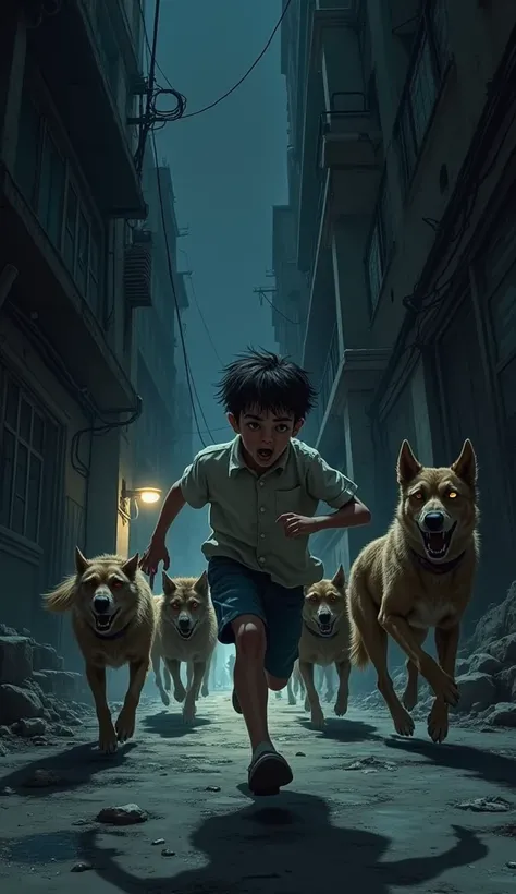 Draw a  boy running desperately down a dead end with stray dogs at night 