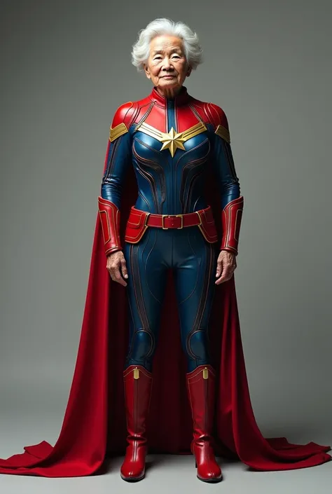 pregnant, pregnancy, big breasts, 70 year old woman, wrinkled skin, muscle, Chinese woman, grandma, Captain Marvel costume, wet suit, string bikini, cape, high heels