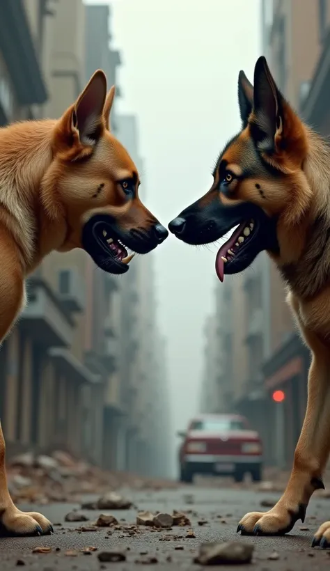 American Pitbull Faces a german shepherd with each other in the cities, stand a little apart, Half-body, looks realistic, looks different, mean look, ultra realistic picture, angry look, aggressive look, looks photorealistic, very realistic looking, realis...