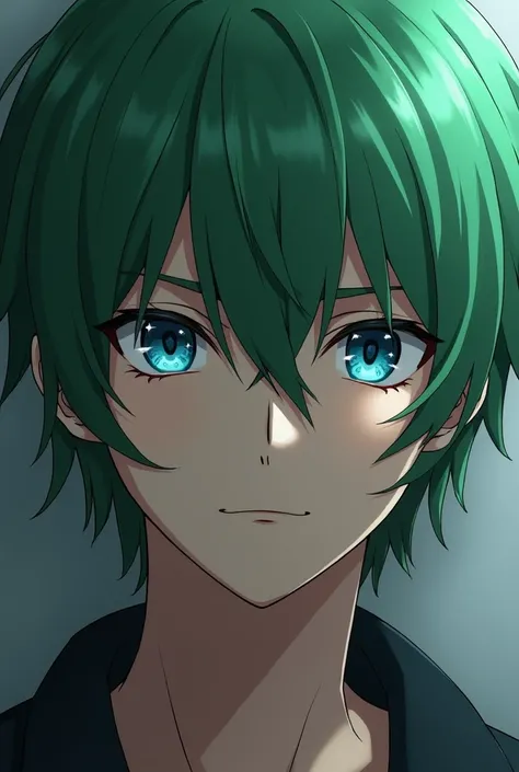 A man with green hair and blue eyes sits coldly. Anime