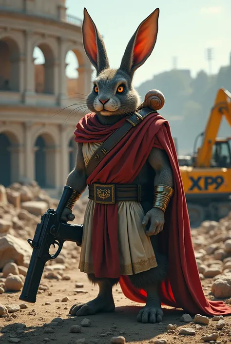  Evil old hare with Walther ppq in hand , In Caesar outfit and snail on the shoulder .  In the background destroyed colosseum and yellow excavator with XP9 writing