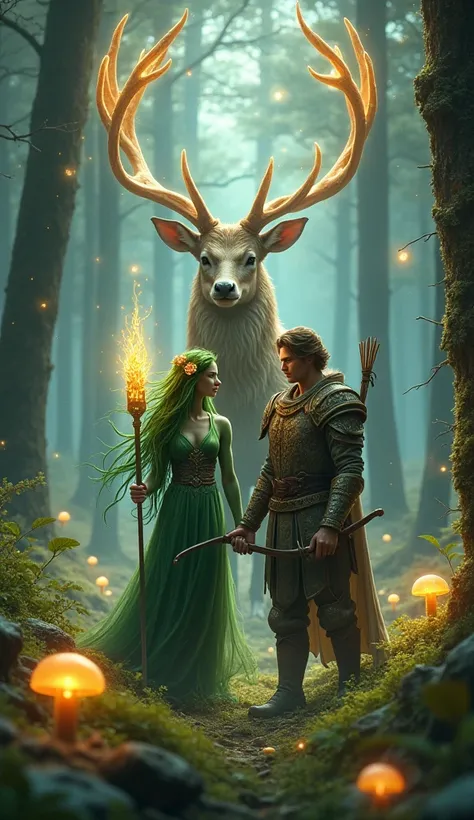 Prompt 6:
A forest guardian with green skin and hair made of vines and flowers, standing with a glowing staff. Beside her, a woodland prince wearing bark-textured armor holds a bow. A majestic stag with golden antlers towers above them in a serene forest i...