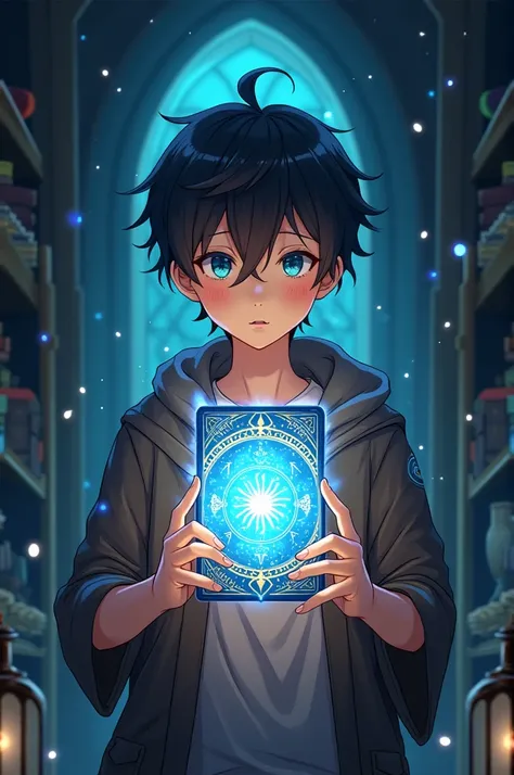 
"Anime-style illustration of a protagonist standing in a dimly lit room filled with ancient artifacts, books, and magical tools. The character is a young adult with sharp features, wearing a modern yet slightly mystical outfit. They hold a glowing card th...