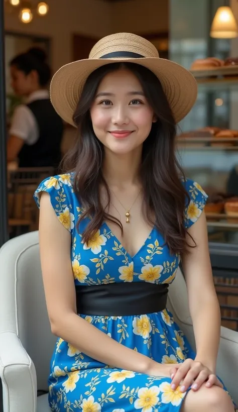 Young Asian girl sitting inside by window. A blue and yellow dress with a black belt was tied around her waist. The dress is decorated with a yellow floral pattern, adding a touch of color to the scene. The womans hair waved and flowed down her shoulders, ...