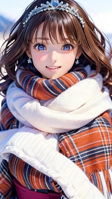  a masterpiece， top quality,      girl,  young    girl，cute ,      brunette     ,  Curly Hair, evil       girl,      dress，     warm scarf ，   tiara     ，    your face looks like it emphasizes gentle warm colors   ，     bright color，     character ，winter，...