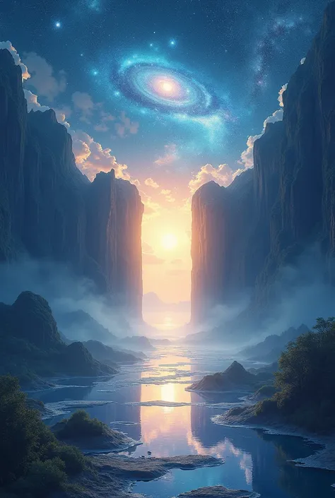 Create an image of a glowing, ethereal gateway standing between two worlds. On one side, a tranquil, surreal landscape representing the inner world: winding paths, misty forests, and soft, reflective lakes. On the other side, a vast cosmic expanse filled w...