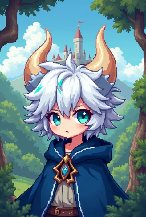 Create a white-haired character with two disheveled cones and light blue tips all over his hair and a deep blue cape in a medieval fantasy 8-bit game style with a forest background and a kingdom.