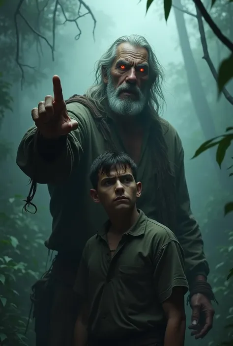 Old Man Warning Scene:
An old man with a weathered face and glowing eyes, standing behind the young man. He is dressed in tattered clothes and pointing toward the jungle, his expression a mix of urgency and fear. The fog surrounds them, adding to the tensi...