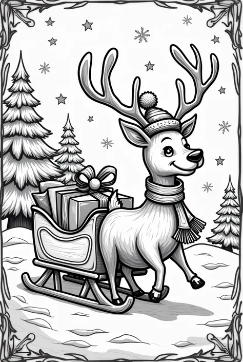 A cheerful reindeer wearing a scarf and Christmas hat, playfully tugging a sled filled with presents, surrounded by snow-covered pine trees and twinkling stars. Colouring book page for s very prominent thick outlines detail line art clean line art Mandala ...