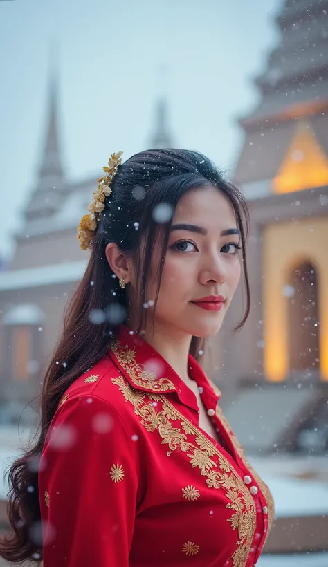 A young woman in traditional Southeast Asian attire with intricate red and gold embroidery, set against a mystical temple background in soft focus. The scene features a gentle snowfall, with snowflakes glistening as they fall. Her hair is styled in an eleg...